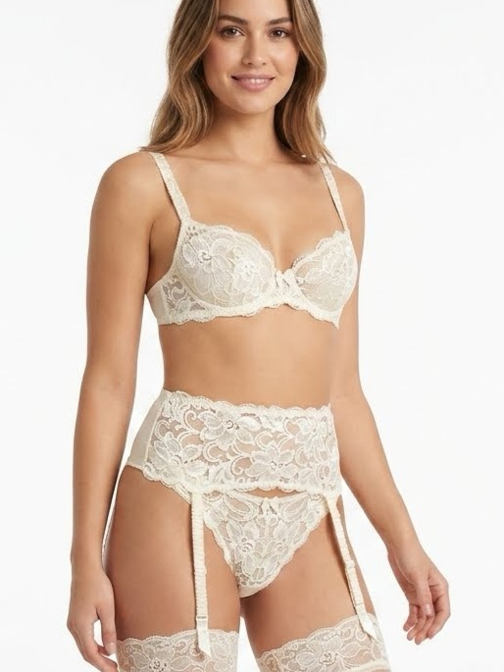 Lace Underwire Bra & Garter Set Cream (No Pantyhose)